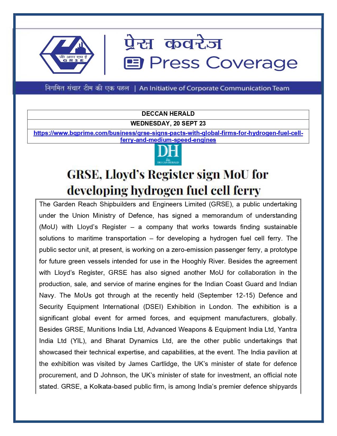 Press Coverage : Deccan Herald, 20 Sep 23 : GRSE, LLoyd's register sign MoU for  developing Hydrogen Fuel Cell Ferry